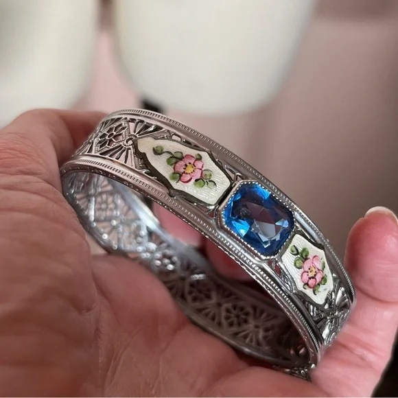 Vintage antique Victorian Art deco Silver Filagree Rose Enamel Blue Bracelet - Picture 11 of 17